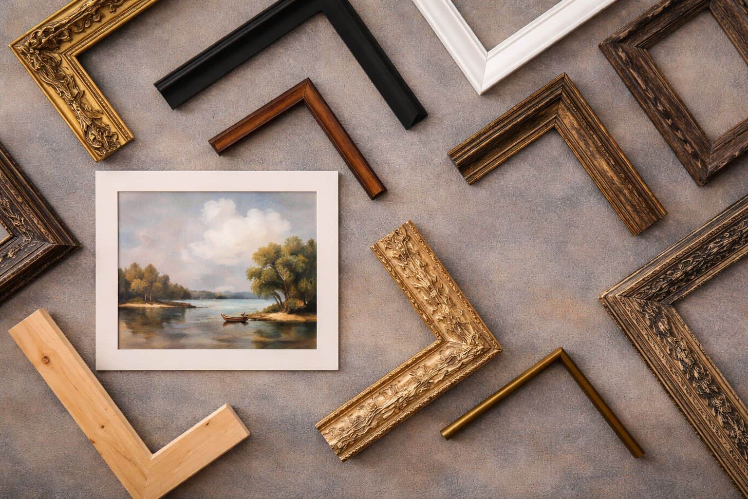Frames around the landscape composition of the painting.